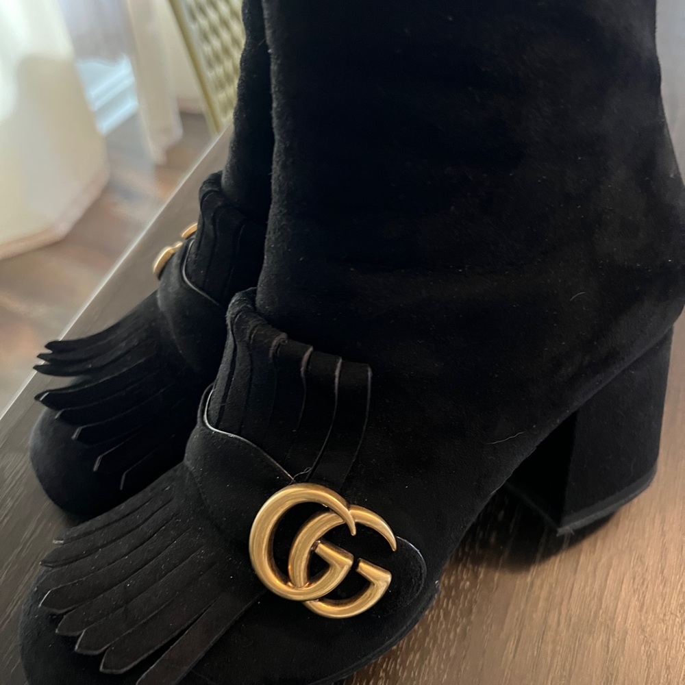 Gucci Black Suede Fringe Ankle Boots with Gold Double G